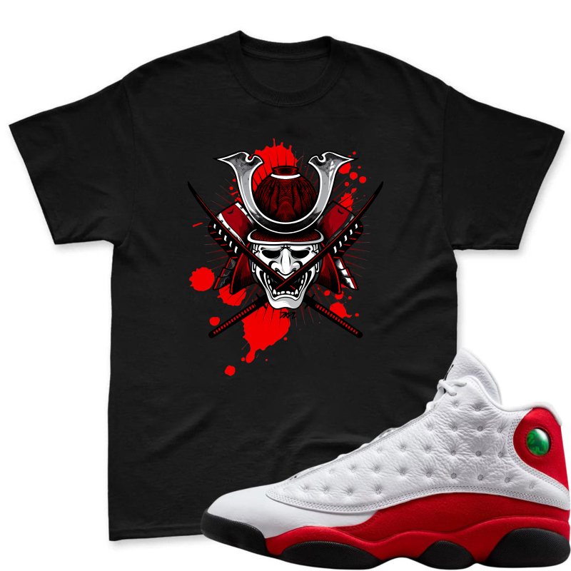 Samurai Helmet With Crossed Swords And Red Splatter Shirt To Match Air Jordan 13 Chicago Sneaker Match Shirt