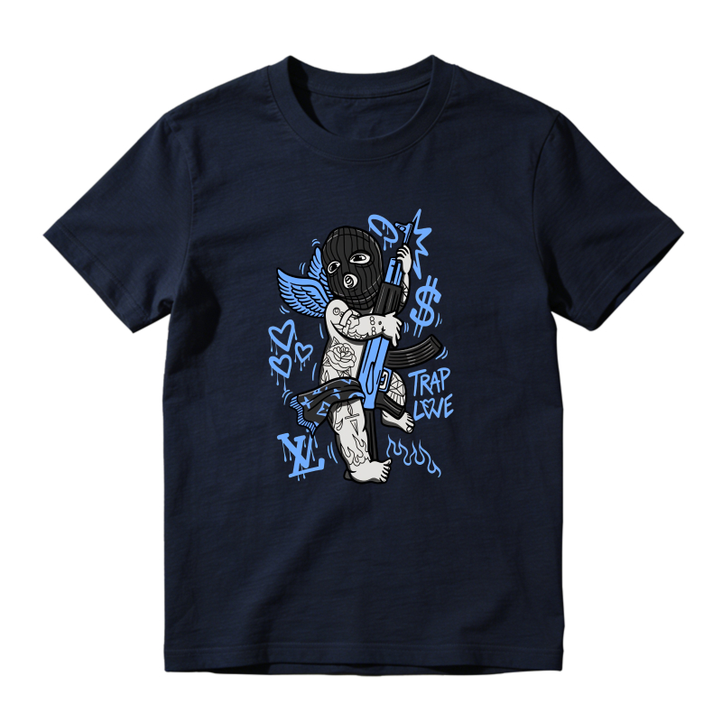 Angel With Gun And Trap Love Text Shirt To Match Jordan 14 Black And University Blue - Sneaker Match Shirt