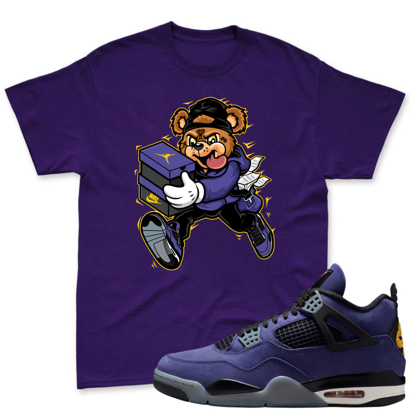 Cartoon Bear Holding Shoe Box Shirt to Match Jordan 4 Lakers Imperial Purple - Sneaker Match Shirt
