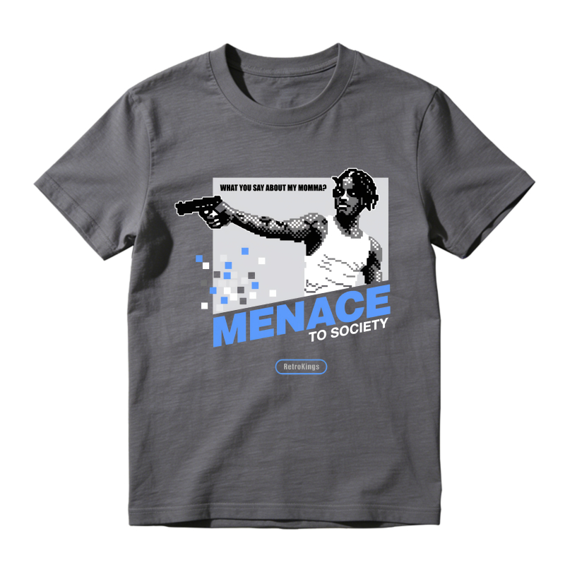 Menace To Society Graphic With Gun And Text Shirt To Match Jordan 14 Black And University Blue Sneaker Match Shirt