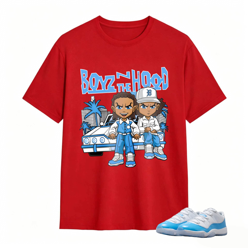 Boyz N The Hood Cartoon Characters With Car And Palm Trees Shirt To Match Jordan 11 University Blue Sneaker Match Shirt