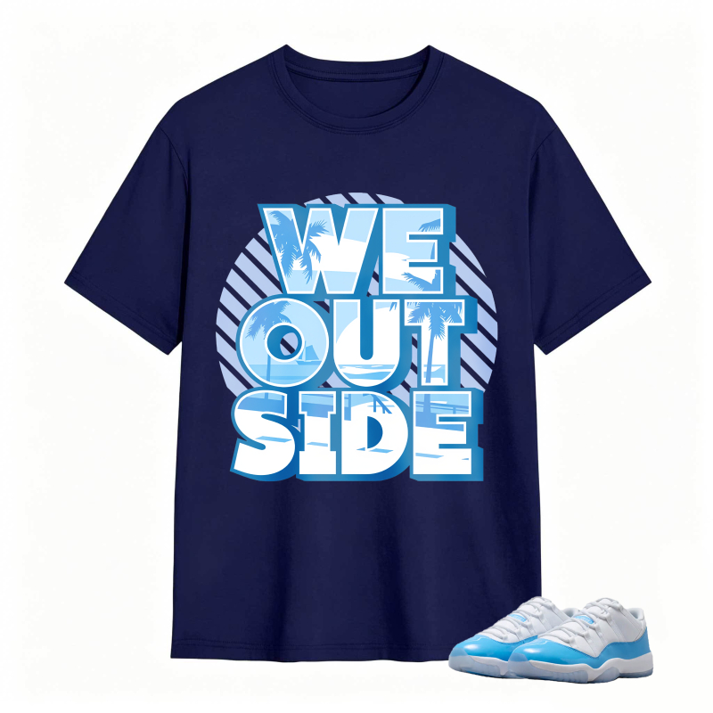 We Outside Text With Palm Tree And Ocean Design Shirt To Match Jordan 11 University Blue Sneaker Match Shirt