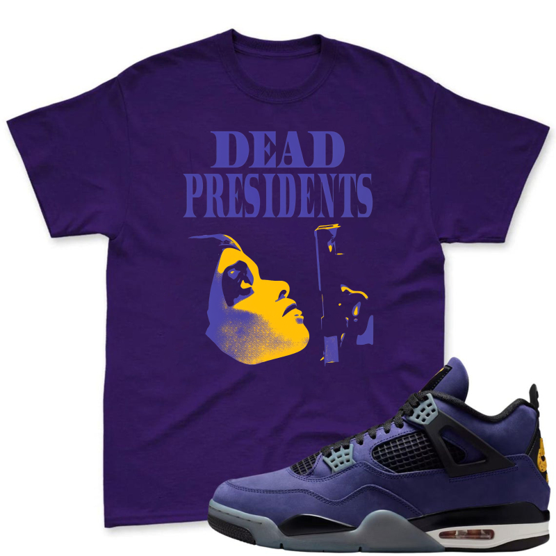 Dead Presidents Graphic With Yellow And Purple Portrait Shirt To Match Jordan 4 Lakers Imperial Purple Sneaker Match Shirt