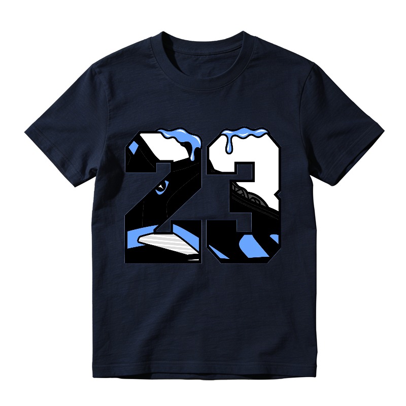 Number 23 With Blue Drip Design Shirt To Match Jordan 14 Black And University Blue Sneaker Match Shirt