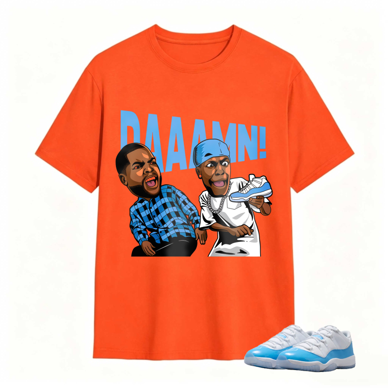 Cartoon Characters With Blue Sneaker And Daaamn Text Shirt To Match Jordan 11 University Blue - Sneaker Match Shirt