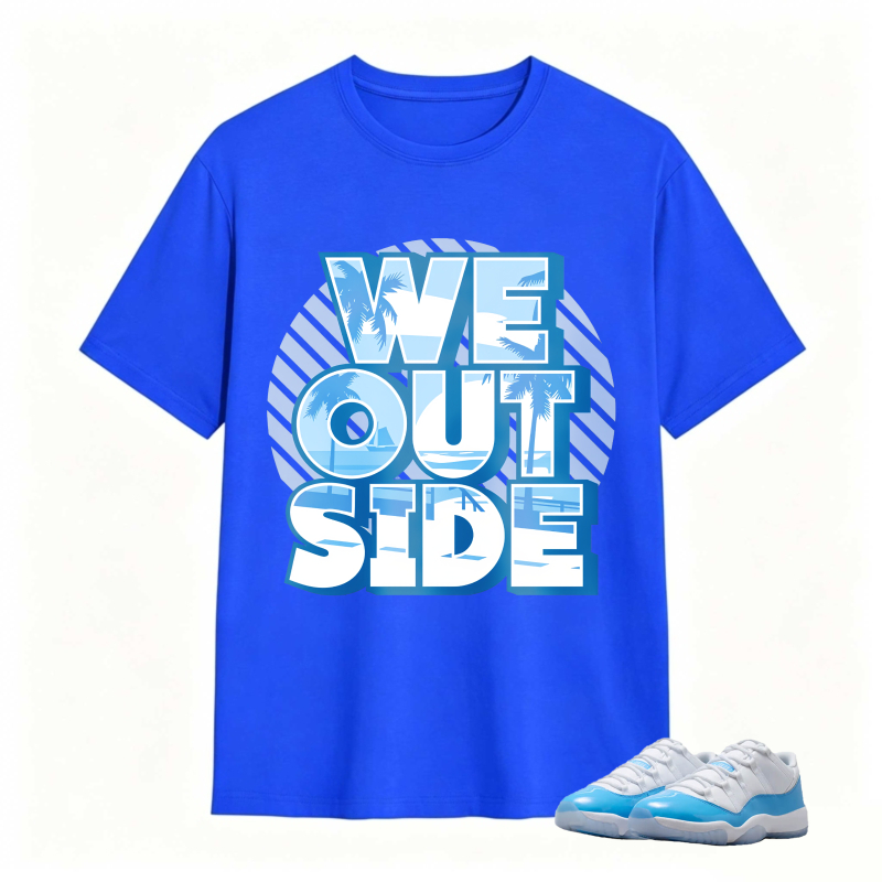 We Outside Text With Palm Tree And Ocean Design Shirt To Match Jordan 11 University Blue Sneaker Match Shirt