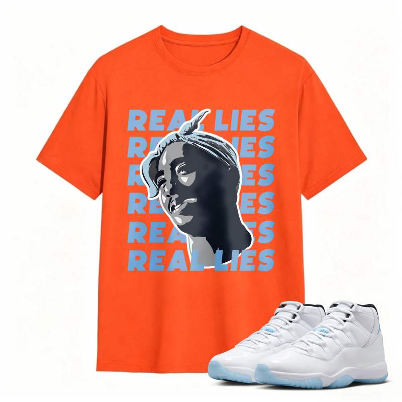 Real Lies Text And Portrait Design Shirt To Match Air Jordan 11 White Legend Blue Sneaker Match Shirt