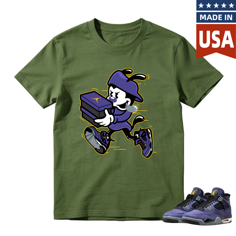 Cartoon Character Holding Shoe Box Shirt to Match Jordan 4 Lakers Imperial Purple - Sneaker Match Shirt