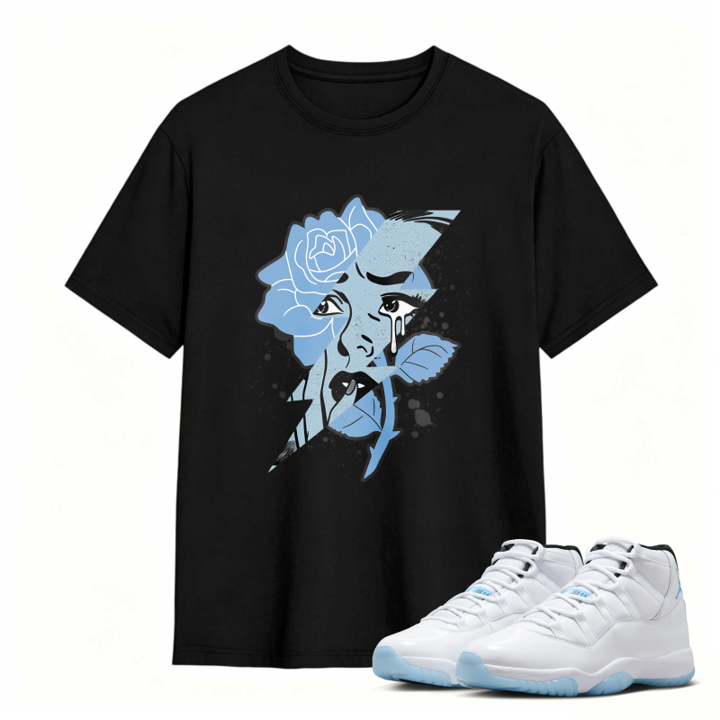 Blue Rose Face Art Shirt to Match Air Jordan 11 White Legend Blue - Sneaker Match Shirt