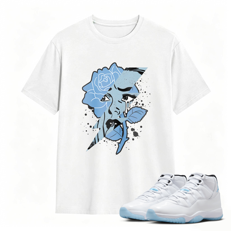Blue Rose Face Art Shirt to Match Air Jordan 11 White Legend Blue - Sneaker Match Shirt