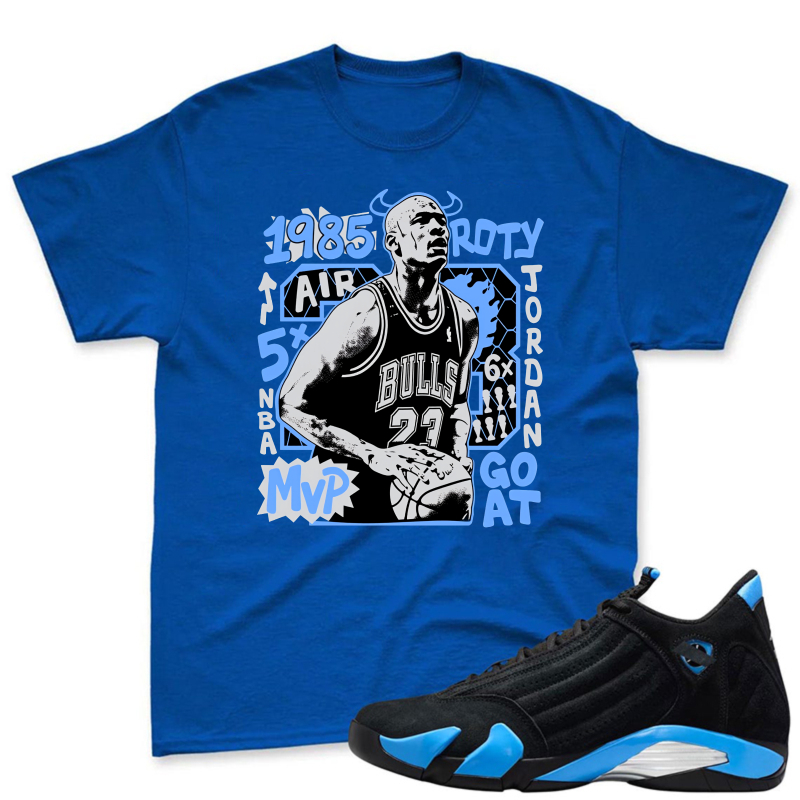 Michael Jordan Bulls 1985 Roto Air Jordan 6x Champion Mvp Goat Shirt To Match Jordan 14 Black And University Blue Sneaker Match Shirt