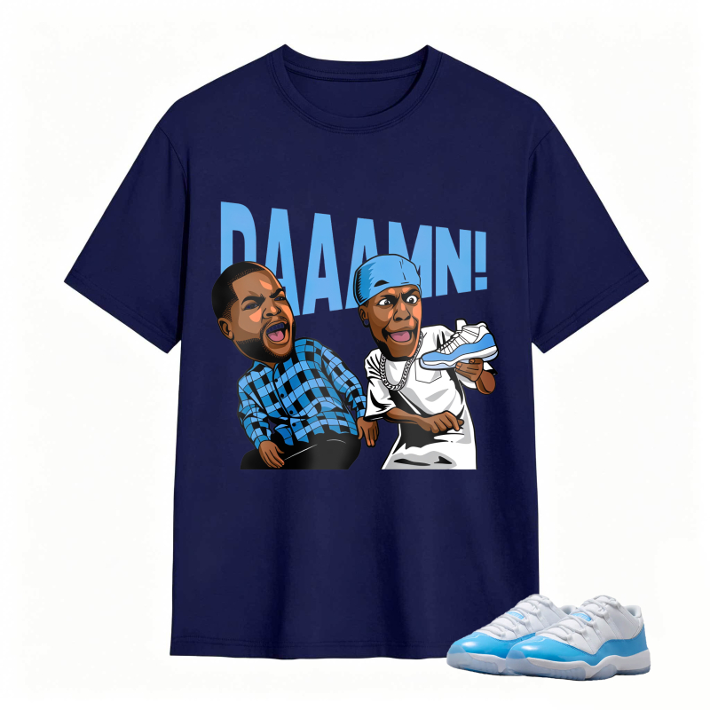 Cartoon Characters With Blue Sneaker And Daaamn Text Shirt To Match Jordan 11 University Blue - Sneaker Match Shirt