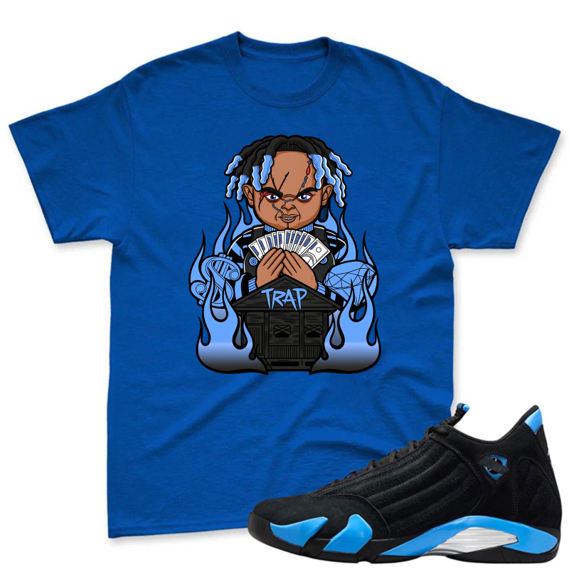 Cartoon Character With Blue Dreads Holding Money And Trap Sign Shirt To Match Jordan 14 Black And University Blue - Sneaker Match Shirt