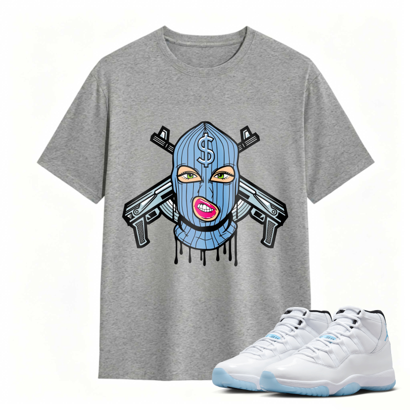Blue Mask With Dollar Sign And Crossed Guns Shirt To Match Air Jordan 11 White Legend Blue Sneaker Match Shirt