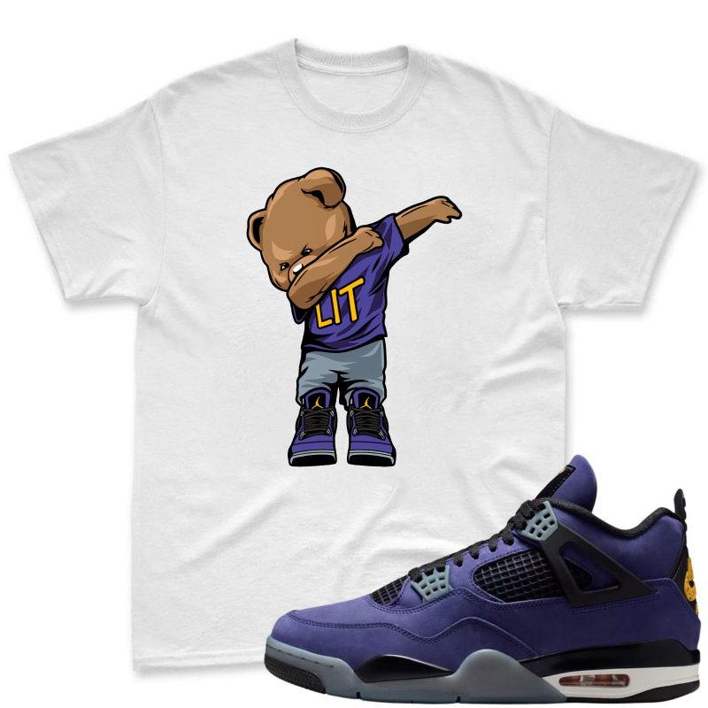 Cartoon Bear Dabbing In Lakers Jersey Shirt To Match Jordan 4 Lakers Imperial Purple - Sneaker Match Shirt