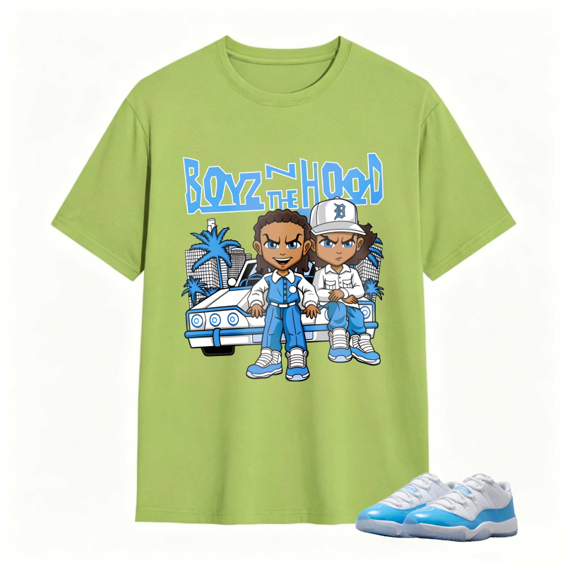 Boyz N The Hood Cartoon Characters With Car And Palm Trees Shirt To Match Jordan 11 University Blue Sneaker Match Shirt