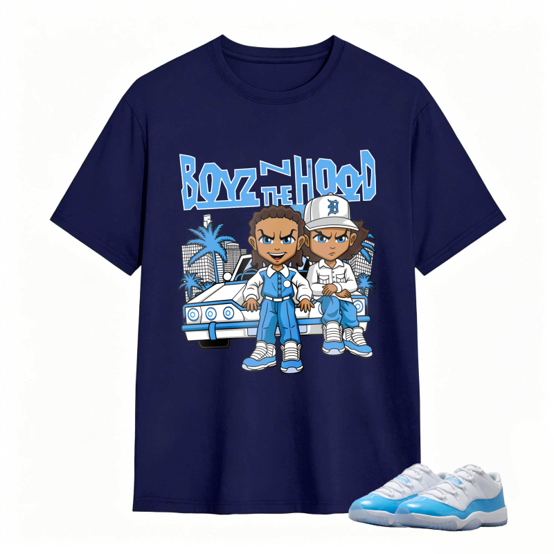 Boyz N The Hood Cartoon Characters With Car And Palm Trees Shirt To Match Jordan 11 University Blue Sneaker Match Shirt