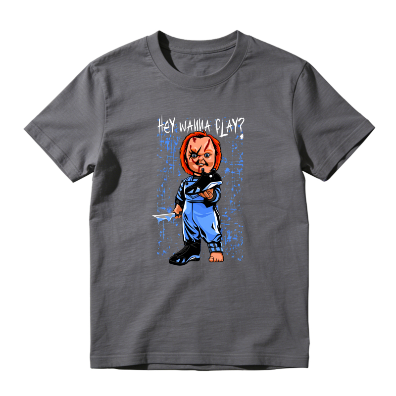 Chucky Doll With Knife And Text Hey Wanna Play Shirt To Match Jordan 14 Black And University Blue - Sneaker Match Shirt