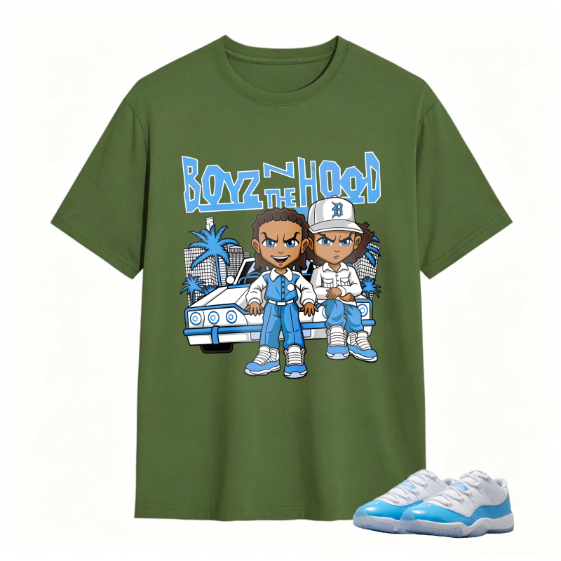 Boyz N The Hood Cartoon Characters With Car And Palm Trees Shirt To Match Jordan 11 University Blue Sneaker Match Shirt