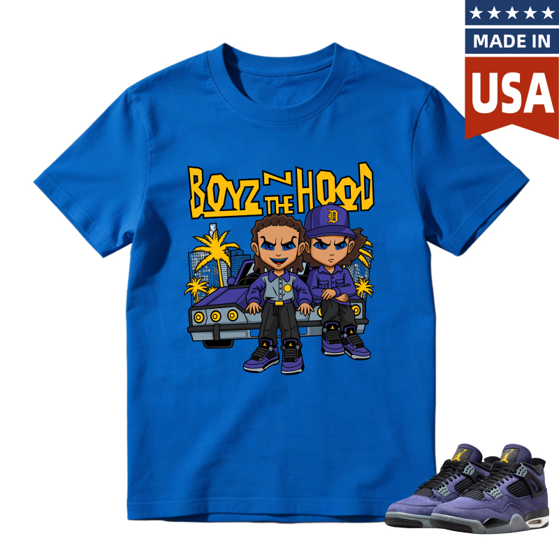 Boyz N The Hood Cartoon Characters With Car And Palm Trees Shirt To Match Jordan 4 Lakers Imperial Purple Sneaker Match Shirt