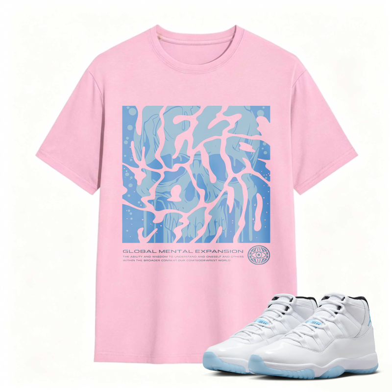 Abstract Blue Wave Pattern With Global Mental Expansion Text Shirt To Match Air Jordan 11 White Legend Blue Sneaker Match Shirt