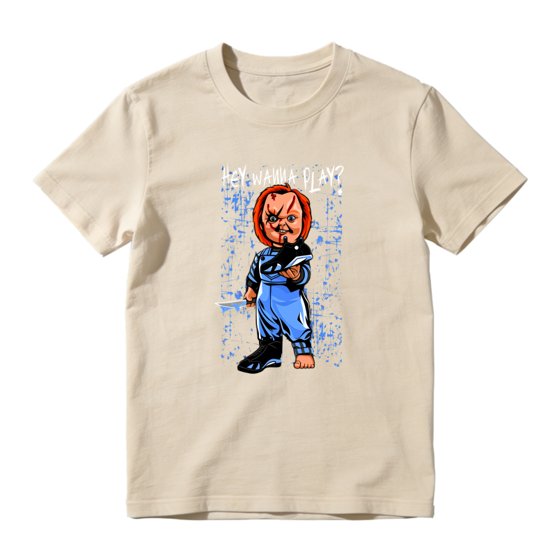 Chucky Doll With Knife And Text Hey Wanna Play Shirt To Match Jordan 14 Black And University Blue - Sneaker Match Shirt