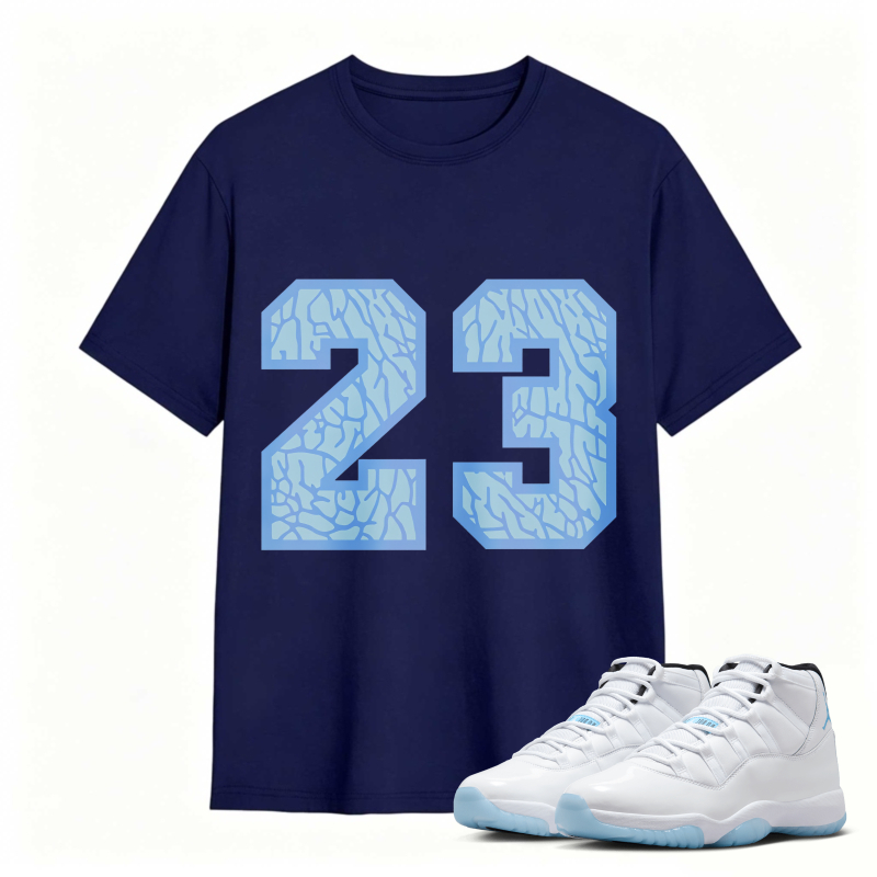 Number 23 Blue Cracked Pattern Shirt To Match Air Jordan 11 White Legend Blue - Sneaker Match Shirt