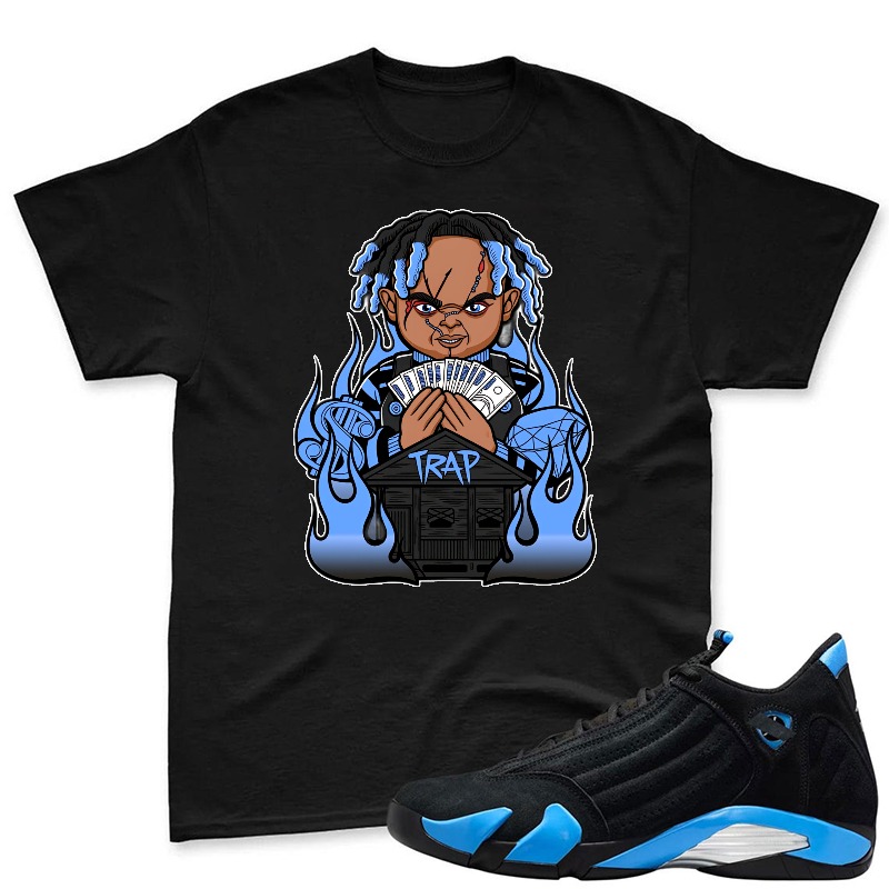 Cartoon Character With Blue Dreads Holding Money And Trap Sign Shirt To Match Jordan 14 Black And University Blue Sneaker Match Shirt
