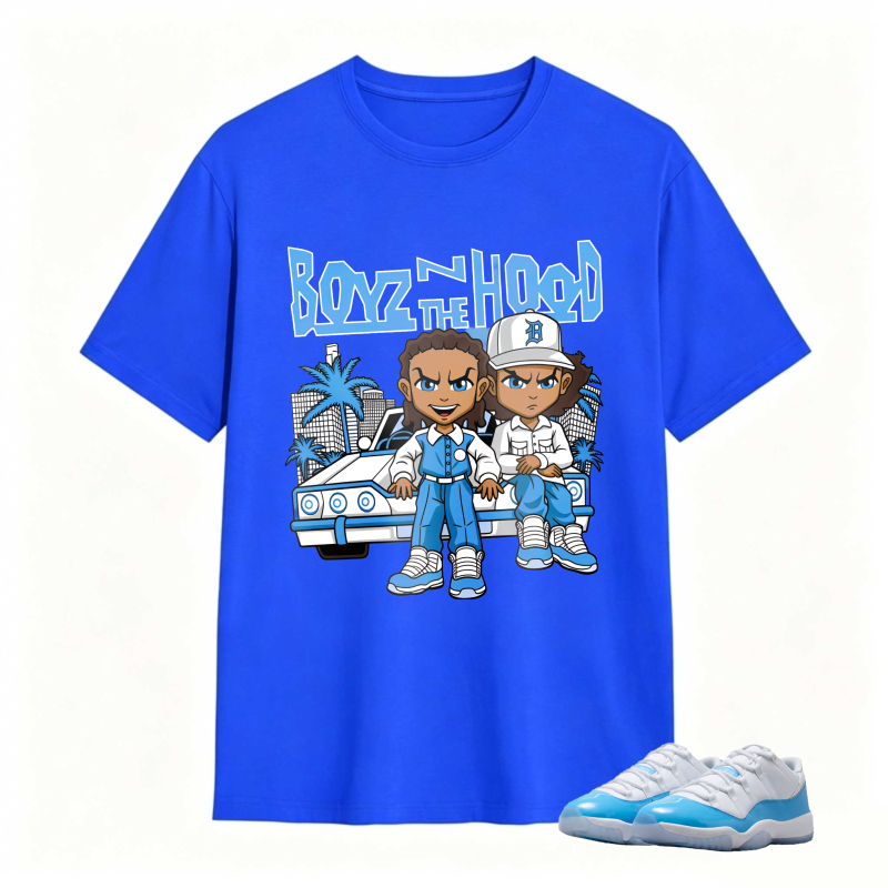 Boyz N The Hood Cartoon Characters With Car And Palm Trees Shirt To Match Jordan 11 University Blue Sneaker Match Shirt