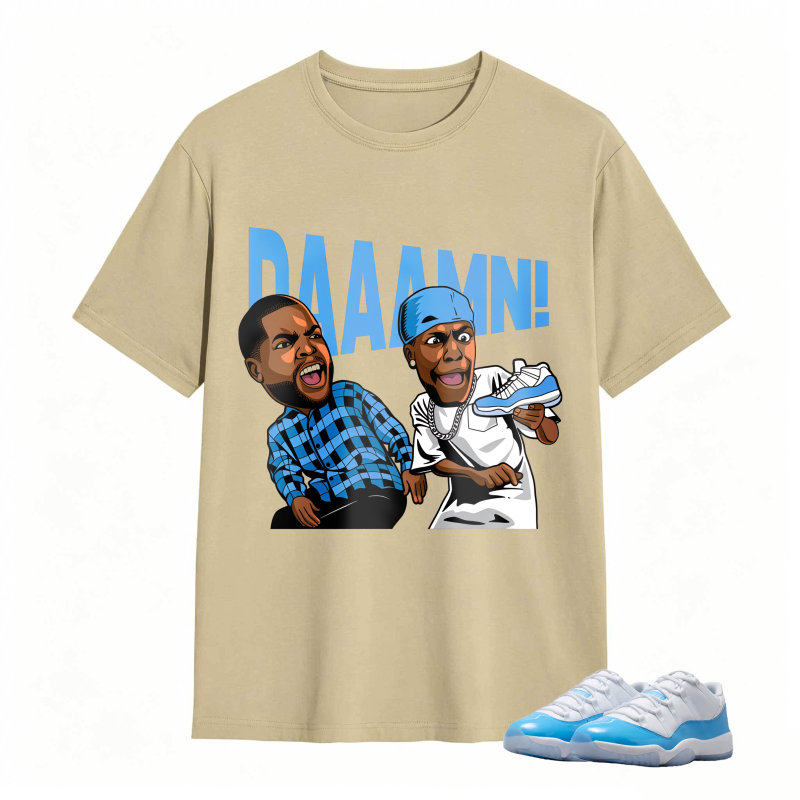 Cartoon Characters With Blue Sneaker And Daaamn Text Shirt To Match Jordan 11 University Blue - Sneaker Match Shirt