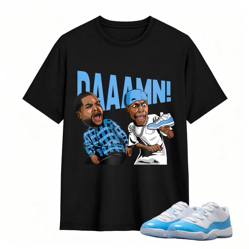 Cartoon Characters With Blue Sneaker And Daaamn Text Shirt To Match Jordan 11 University Blue - Sneaker Match Shirt
