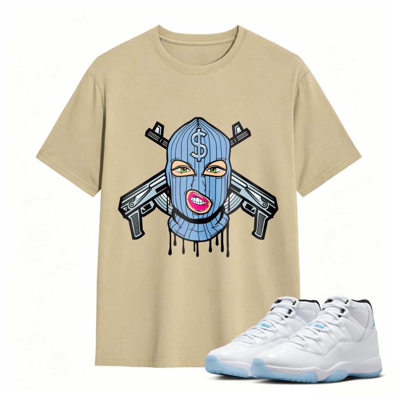Blue Mask With Dollar Sign And Crossed Guns Shirt To Match Air Jordan 11 White Legend Blue Sneaker Match Shirt