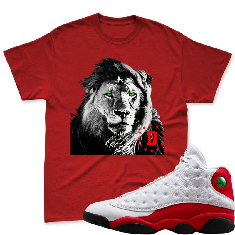 Lion With Green Eyes And Red D Logo Shirt To Match Air Jordan 13 Chicago Sneaker Match Shirt