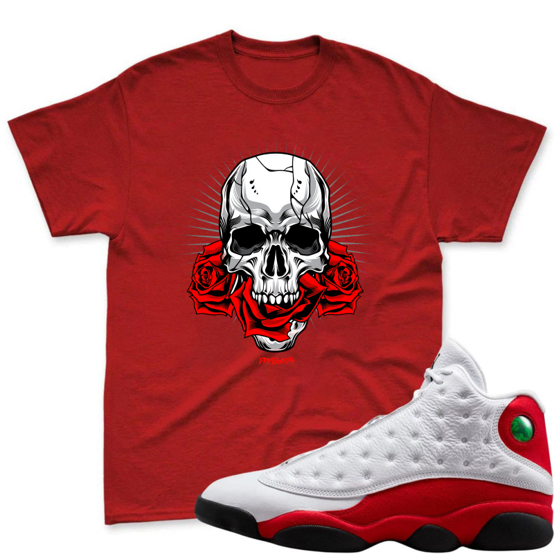 Skull With Red Roses Shirt To Match Air Jordan 13 Chicago - Sneaker Match Shirt