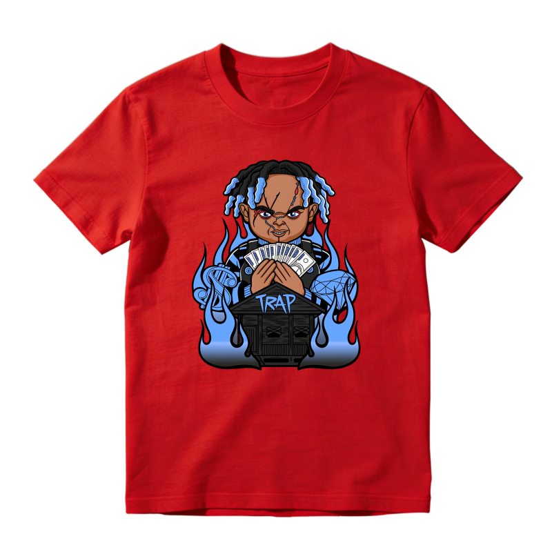 Cartoon Character With Blue Dreads Holding Money And Trap Sign Shirt To Match Jordan 14 Black And University Blue - Sneaker Match Shirt
