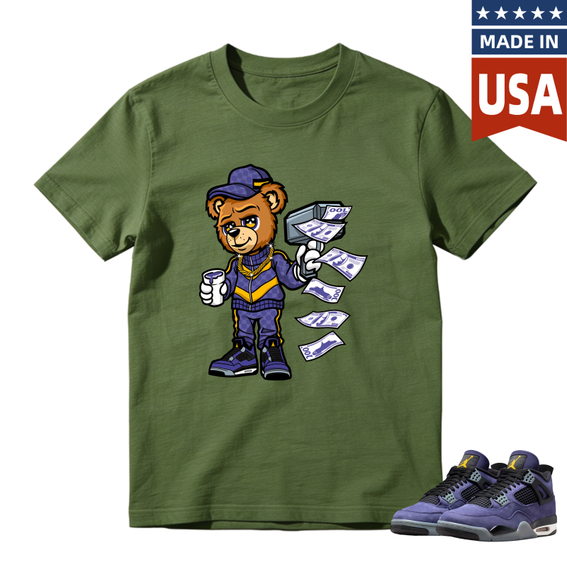 Cartoon Bear Holding Money And Coffee Shirt To Match Jordan 4 Lakers Imperial Purple - Sneaker Match Shirt