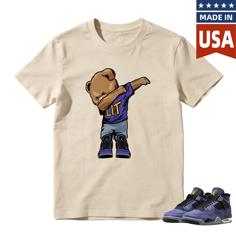 Cartoon Bear Dabbing In Lakers Jersey Shirt To Match Jordan 4 Lakers Imperial Purple - Sneaker Match Shirt