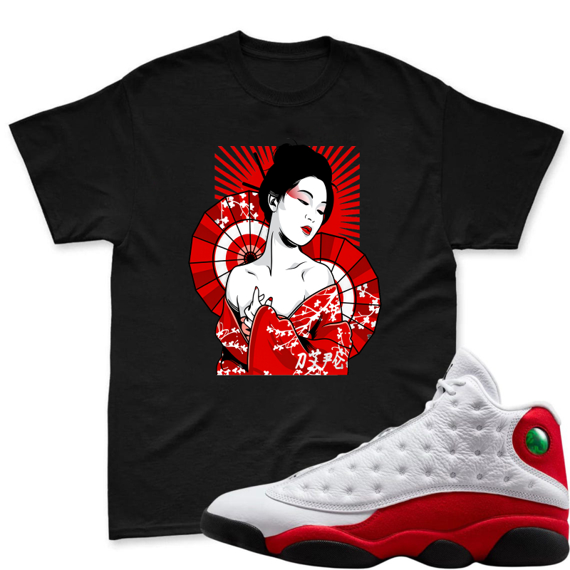 Geisha With Red Fan And Cherry Blossoms Shirt To Match Air Jordan 13 Chicago - Sneaker Match Shirt