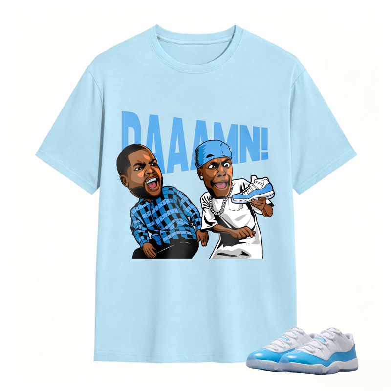 Cartoon Characters With Blue Sneaker And Daaamn Text Shirt To Match Jordan 11 University Blue - Sneaker Match Shirt