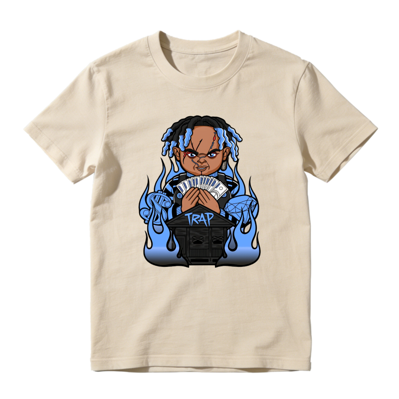 Cartoon Character With Blue Dreads Holding Money And Trap Sign Shirt To Match Jordan 14 Black And University Blue - Sneaker Match Shirt