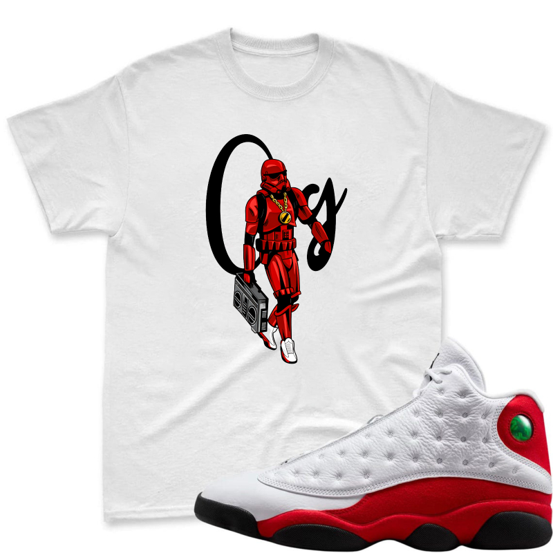 Red Robot With Boombox And Cj Logo Shirt To Match Air Jordan 13 Chicago - Sneaker Match Shirt