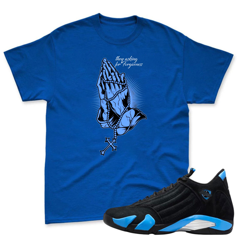 Praying Hands With Rosary And Cross Shirt To Match Jordan 14 Black And University Blue Sneaker Match Shirt