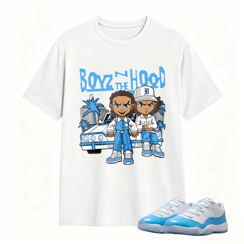 Boyz N The Hood Cartoon Characters With Car And Palm Trees Shirt To Match Jordan 11 University Blue Sneaker Match Shirt
