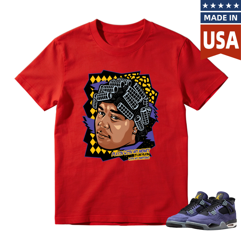 Cartoon Portrait With Hair Rollers And Text Playin With My Money Not My Emotions Shirt To Match Jordan 4 Lakers Imperial Purple Sneaker Match Shirt