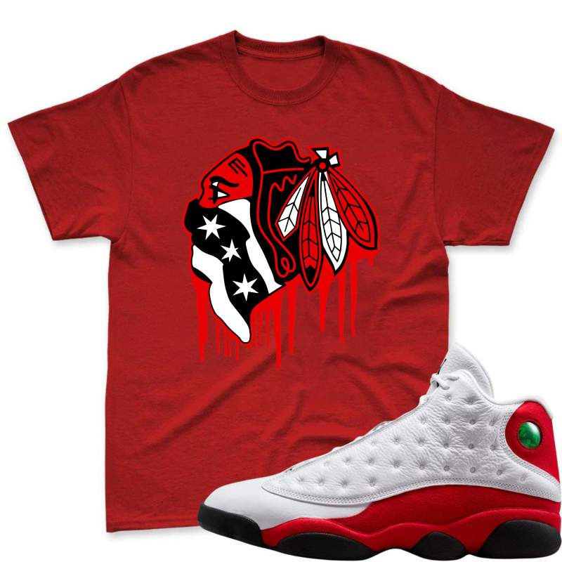Chicago Bulls Logo With Drip Effect Shirt To Match Air Jordan 13 Chicago - Sneaker Match Shirt