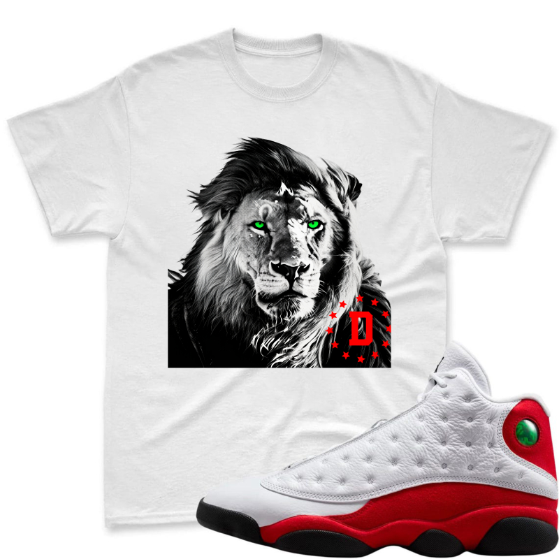 Lion With Green Eyes And Red D Logo Shirt To Match Air Jordan 13 Chicago Sneaker Match Shirt
