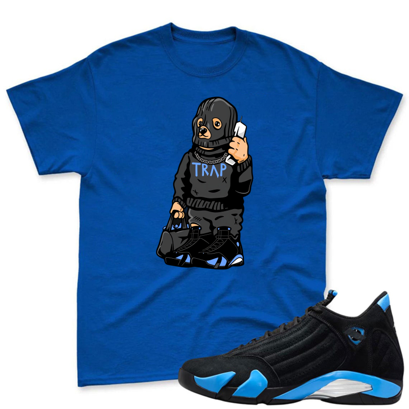 Cartoon Dog Wearing Trap Hoodie And Holding Phone Shirt To Match Jordan 14 Black And University Blue - Sneaker Match Shirt
