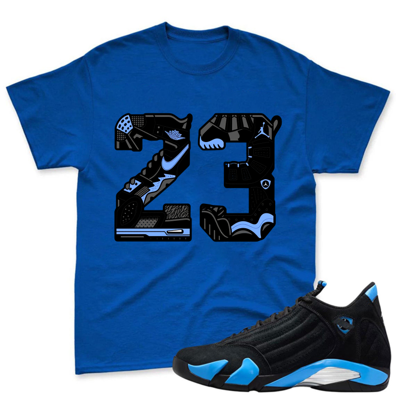 Number 23 With Jordan 14 Shoe Design Shirt To Match Jordan 14 Black And University Blue Sneaker Match Shirt