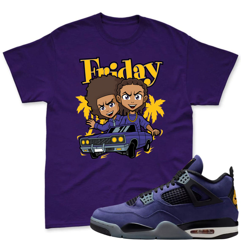 Friday Cartoon Characters In Car Shirt To Match Jordan 4 Lakers Imperial Purple Sneaker Match Shirt