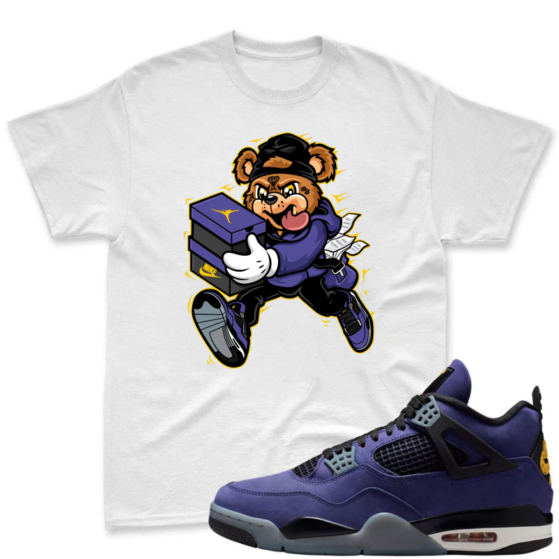 Cartoon Bear Holding Shoe Box Shirt to Match Jordan 4 Lakers Imperial Purple - Sneaker Match Shirt